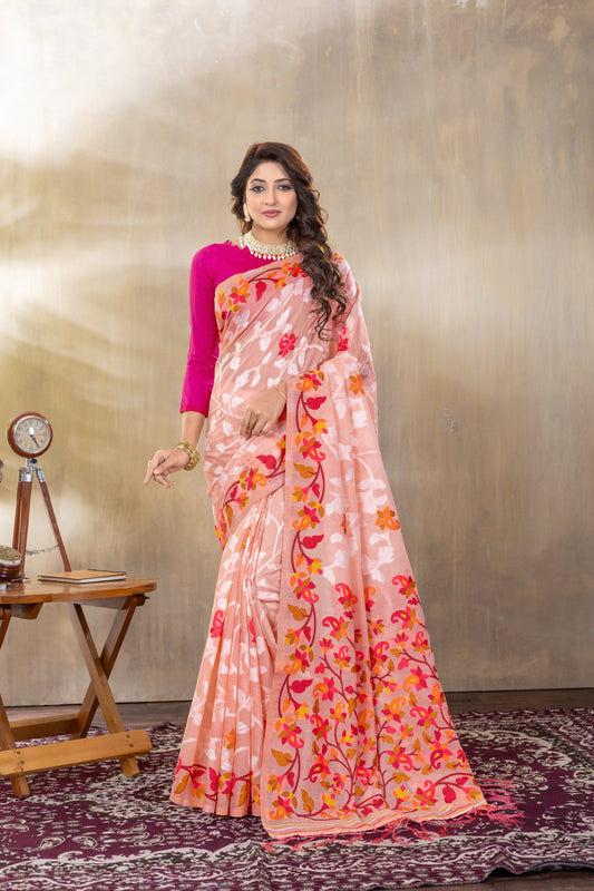Dhiyona GR Women's Suhani Peach Cotton Jamdani Saree