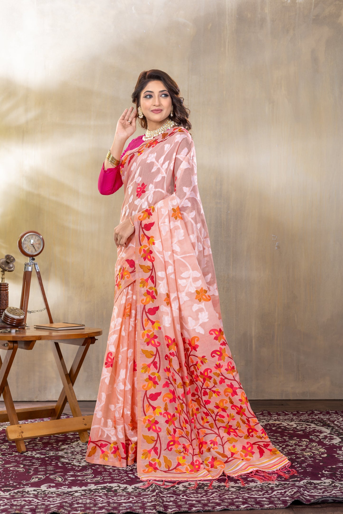Dhiyona GR Women's Suhani Peach Cotton Jamdani Saree