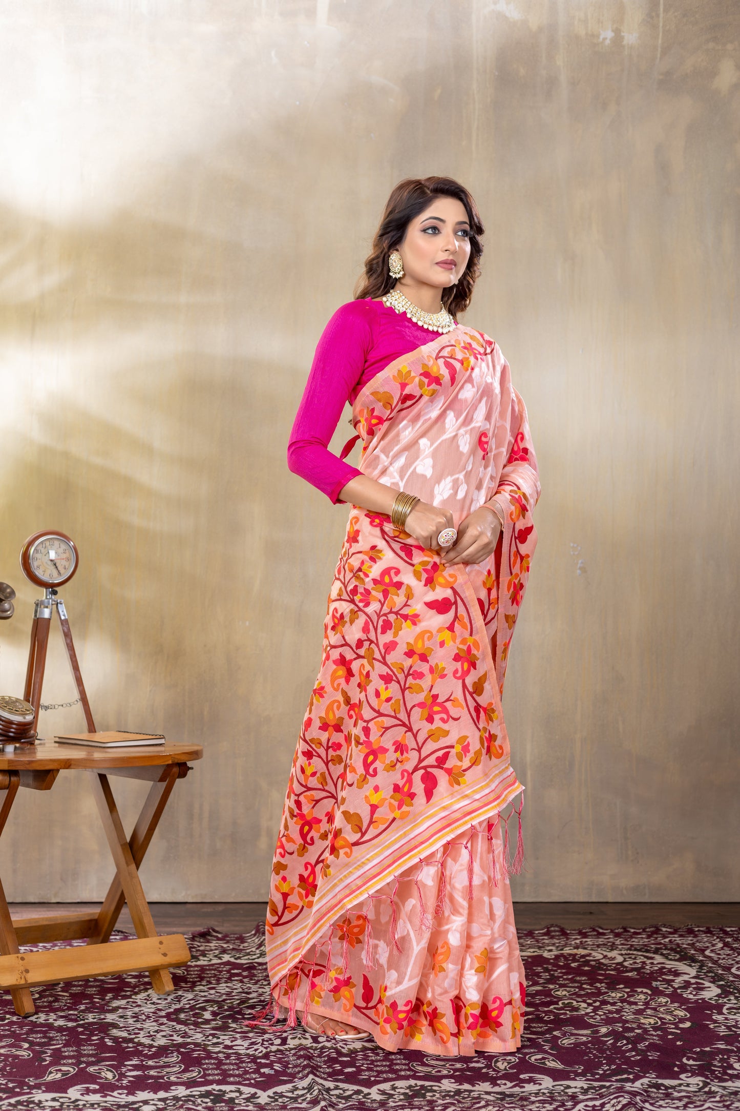 Dhiyona GR Women's Suhani Peach Cotton Jamdani Saree