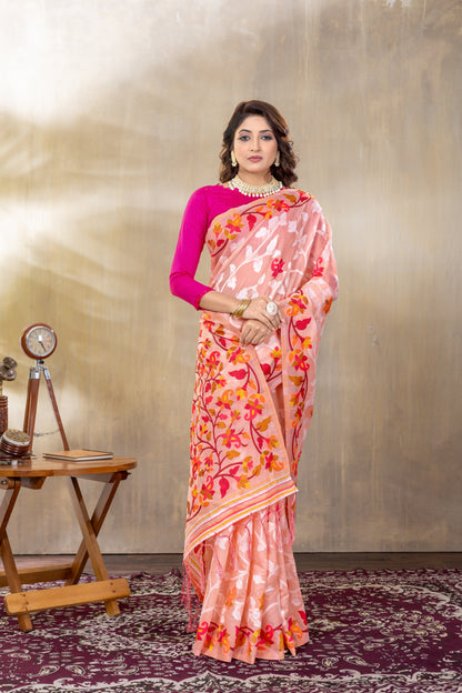 Dhiyona GR Women's Suhani Peach Cotton Jamdani Saree