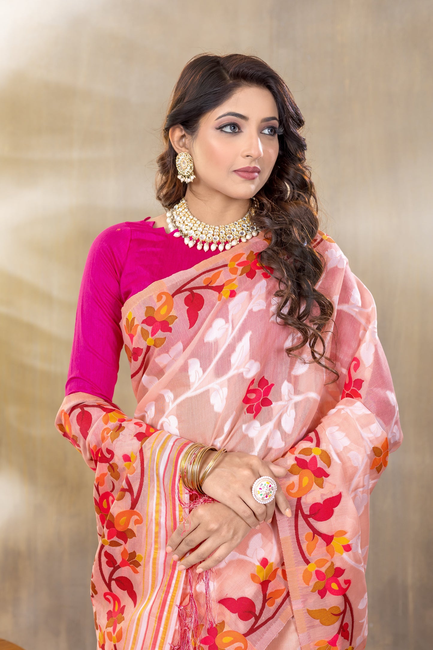 Dhiyona GR Women's Suhani Peach Cotton Jamdani Saree