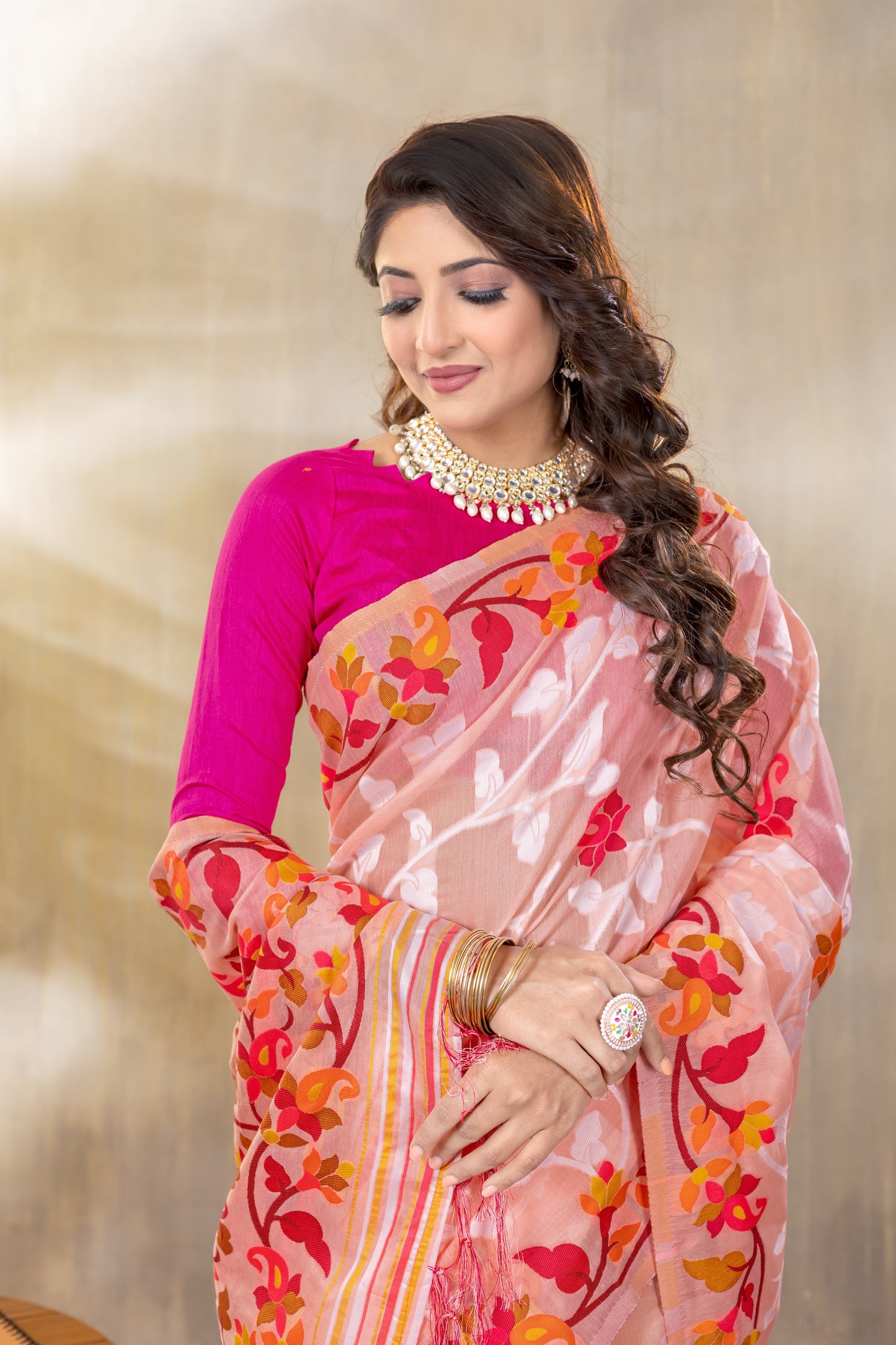 Dhiyona GR Women's Suhani Peach Cotton Jamdani Saree
