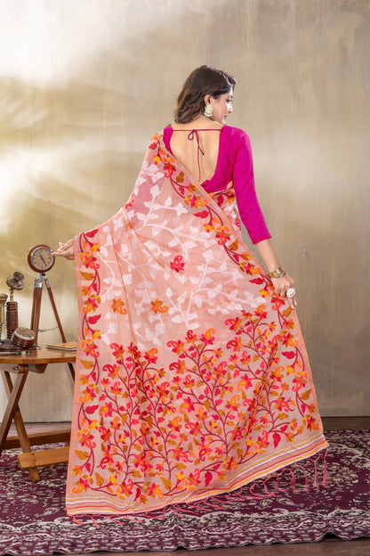 Dhiyona GR Women's Suhani Peach Cotton Jamdani Saree