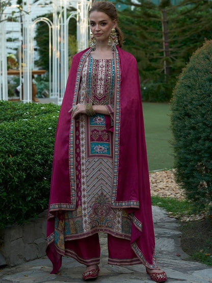 Women Printed Regular Mirror Work Kurta with Palazzos & With Dupatta