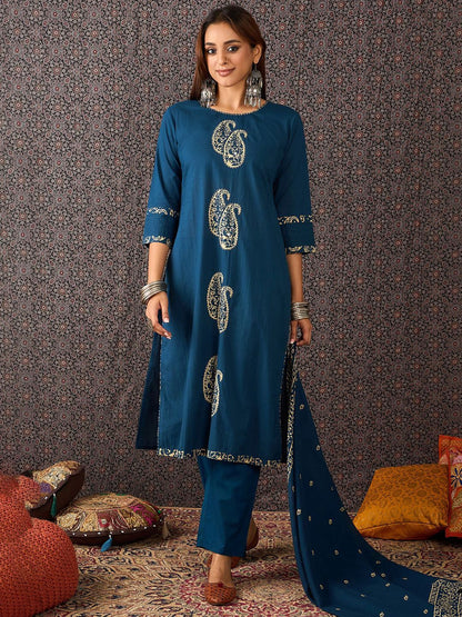 Printed Round Neck Thread Work Pure Cotton Straight Kurta With Trousers & Dupatta