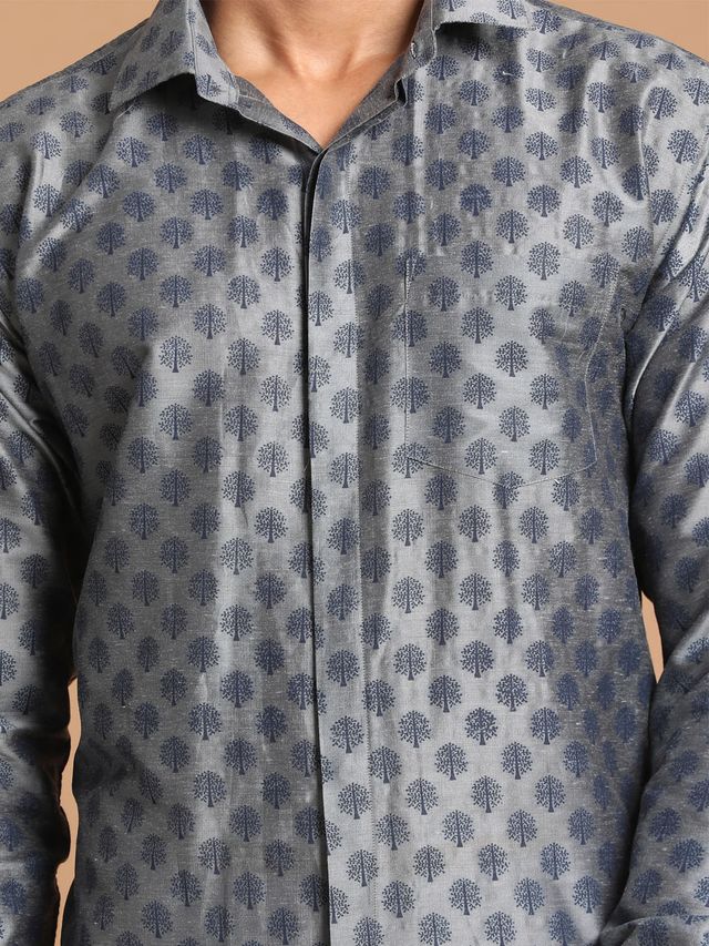 Men's Grey Viscose Blend Straight Ethnic Shirt