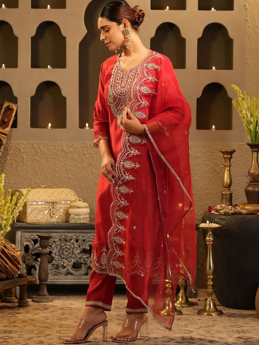 Women Ethnic Motifs Embroidered Regular Liva Kurta with Trousers & With Dupatta