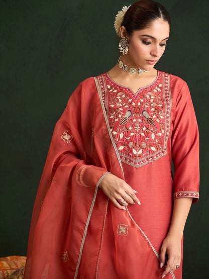 Dhiyona IE Ethnic Motifs Embroidered Thread Work Straight Kurta With Trousers & Dupatta