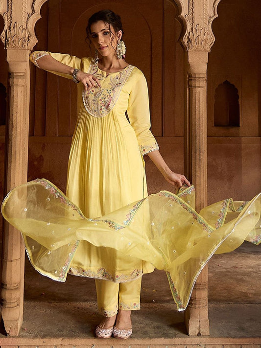Dhiyona CH Floral Embroidered Sequinned Straight Kurta With Trousers & Dupatta