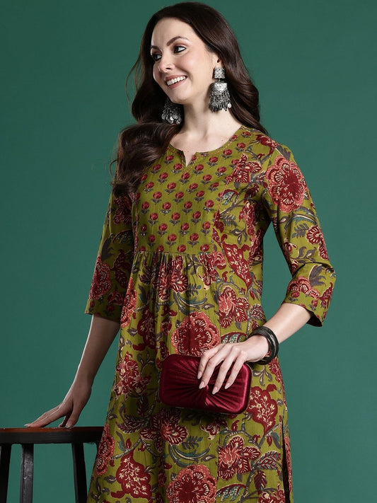 Women Floral Printed Empire Pure Cotton Kurta with Trousers