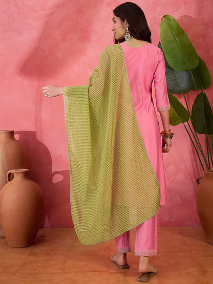 Dhiyona SN Women's Pink Silk Blend Straight Zari Sequence Embroidered Kurta Pant with Dupatta