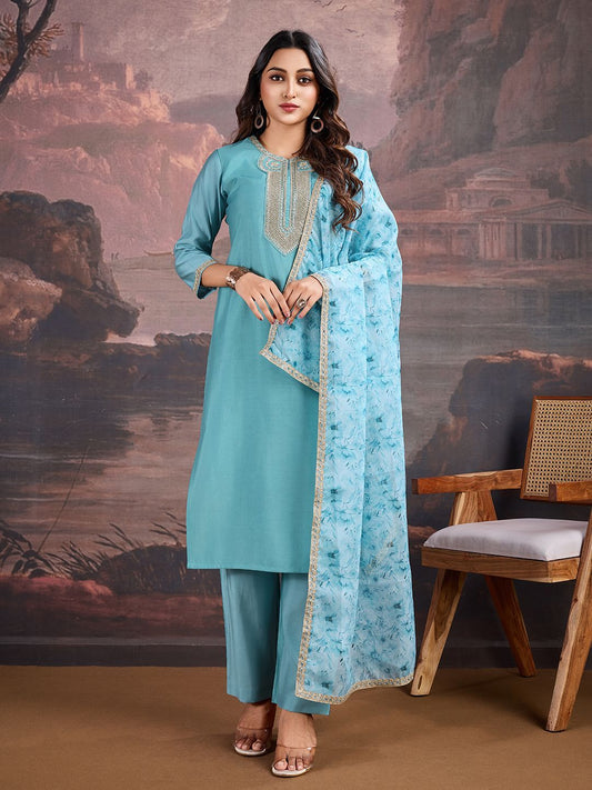 Dhiyona PD Women Ethnic Motifs Yoke Design Sequinned Straight Kurta & Trouser With Dupatta