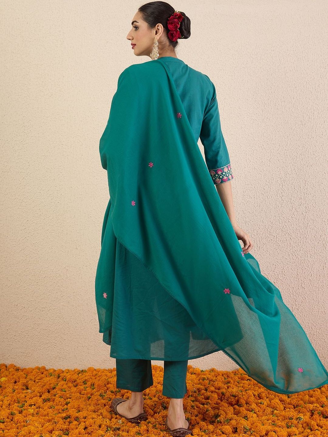 Women Ethnic Motifs Embroidered Cotton A-Line Kurta with Trousers & Dupatta