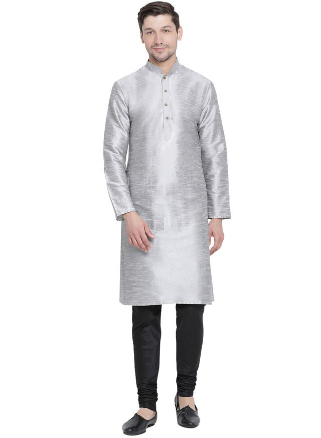 Men's Grey Silk Blend Straight Kurta Pyjama Set