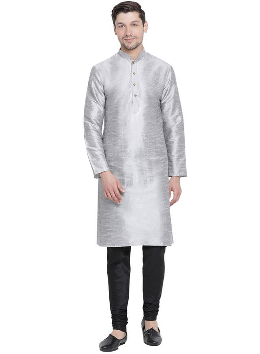 Men's Grey Silk Blend Straight Kurta Pyjama Set