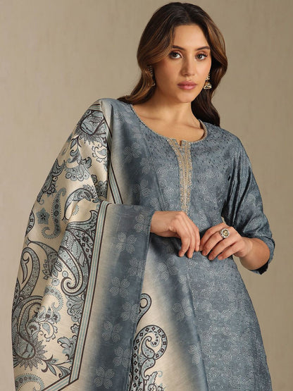 Dhiyona SO Women's Floral Printed Notch Neck Zardozi Straight Kurta With Trousers & Dupatta