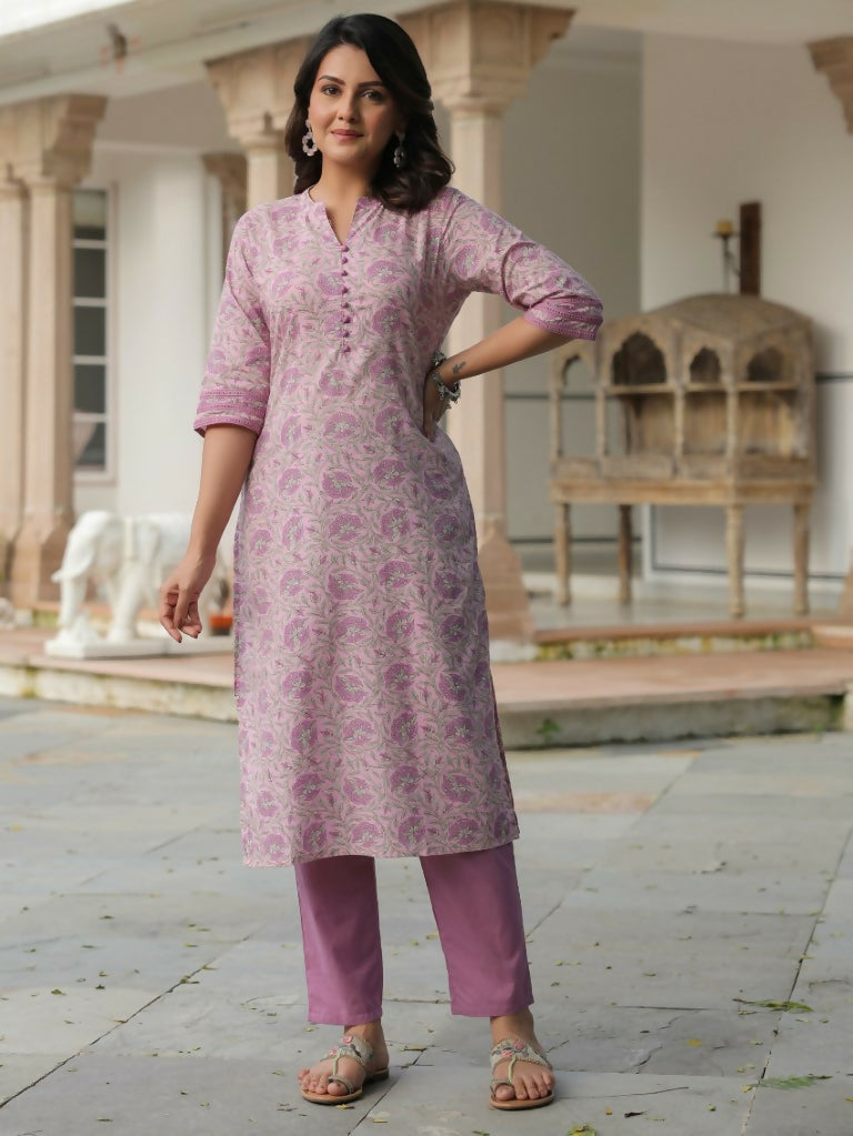 Women's Straight Soft Cotton Floral Print Women's Kurta - Pink