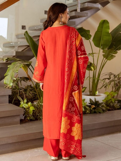 Bandhani Embroidered Straight Sequinned Kurta With Palazzos & Dupatta