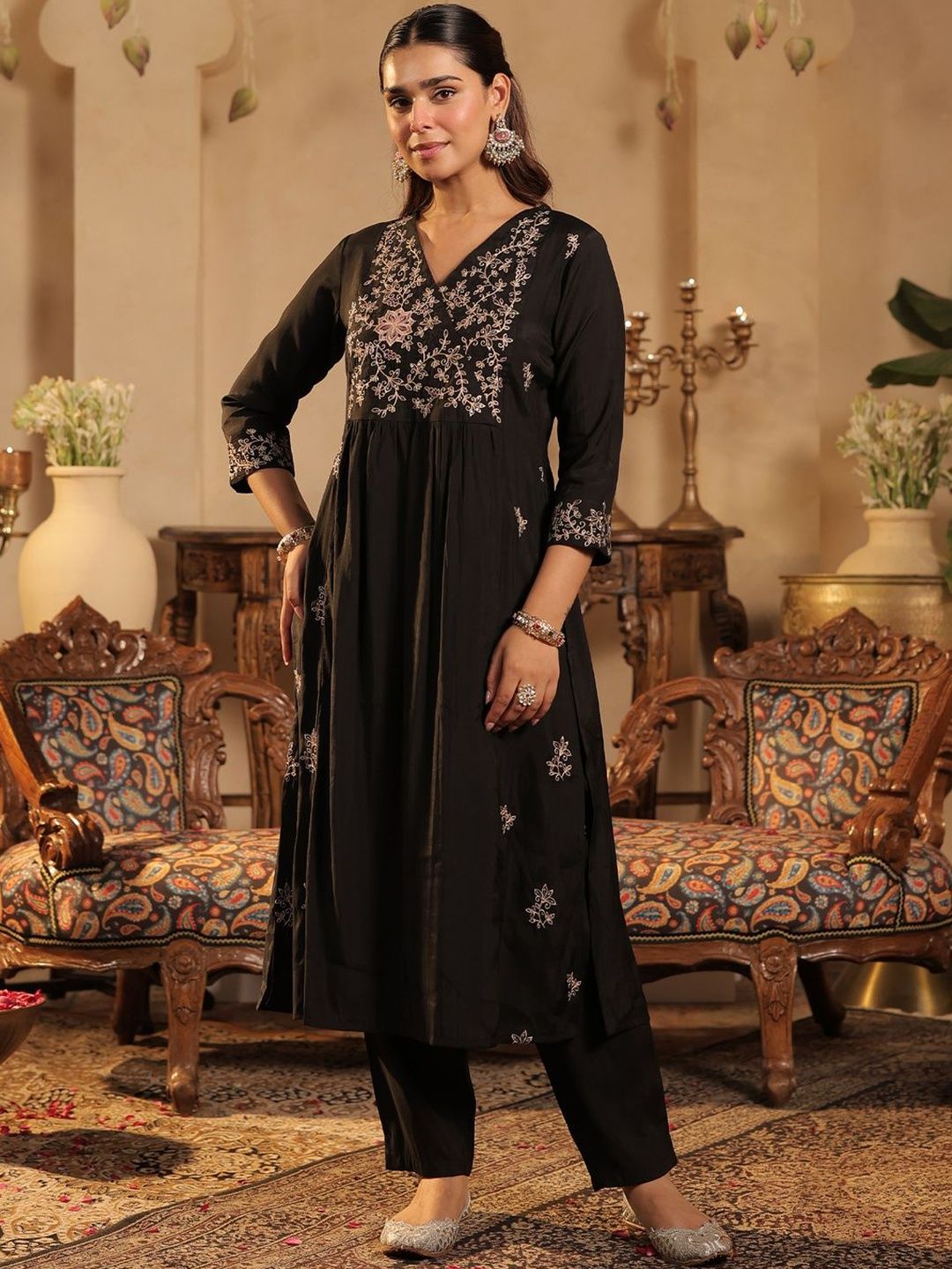 Floral Embroidered Pleated V-Neck Thread Work A-Line Kurta with Trousers