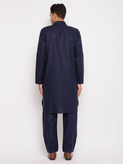 Men's Blue Cotton Blend Pathani Pathani Kurta Set