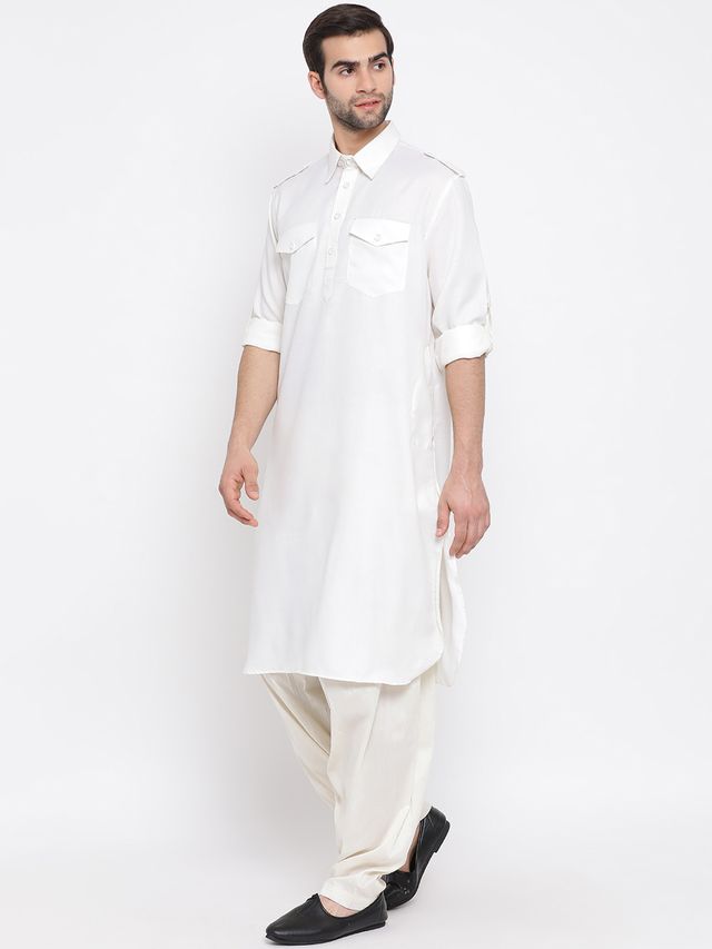 Men's Cream Cotton Blend Pathani Pathani Kurta Set