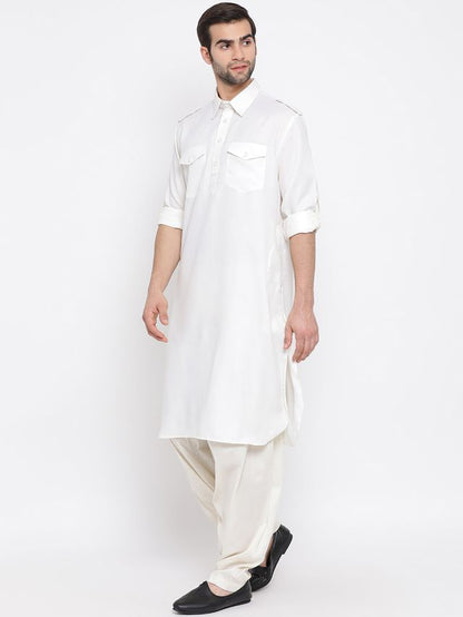 Men's Cream Cotton Blend Pathani Pathani Kurta Set
