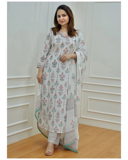 Women Light Green, Purple, White Printed Viscose Rayon Kurta, Pant And Dupatta Set