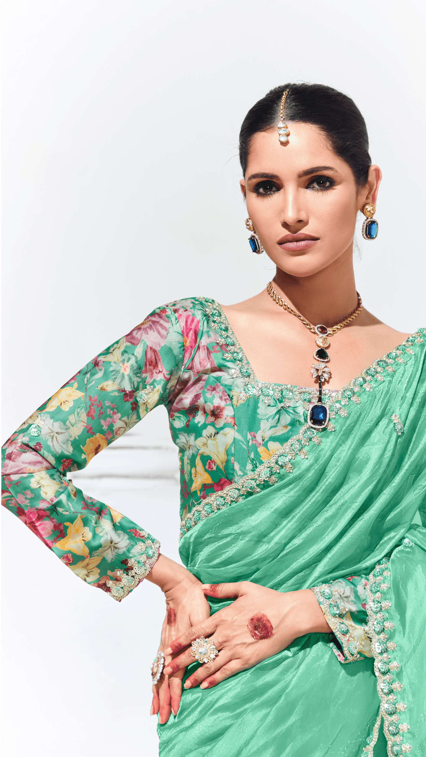 Dhiyona KM Women Green Silk Saree With Floral Blouse “ A Perfect Blend Of Grace & Elegancegreen Silk Saree
