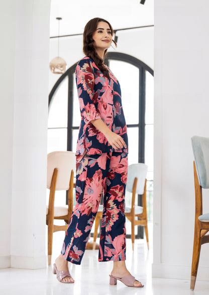 Women Red Printed Viscose Rayon Kurta And Pant Set