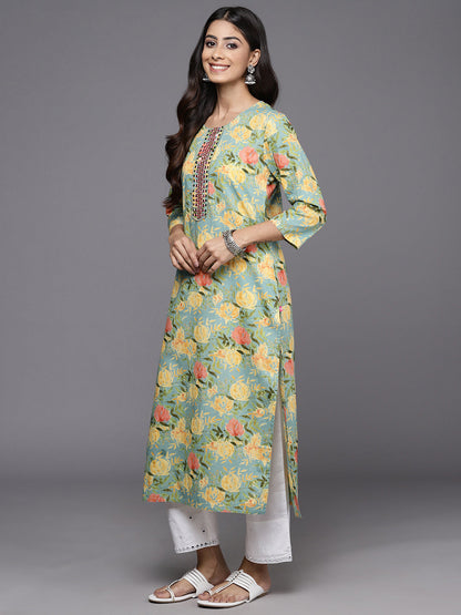 Dhiyona VR Women's Sea Green Floral Printed Mirror And Thread Embroidered Straight Kurta With Thtree Quarter Sleeves