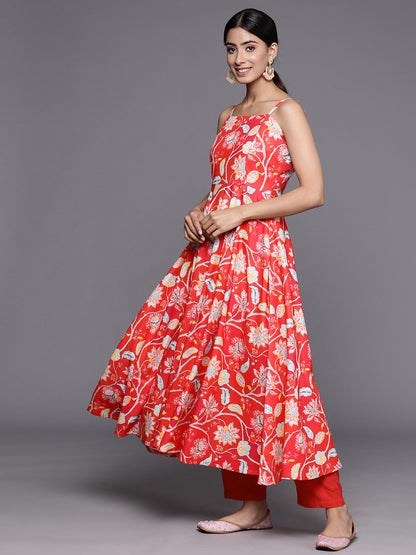 Dhiyona VR Women's Red Floral Printed Anarkali Kurta Paired With Tonal Bottom And Dupatta