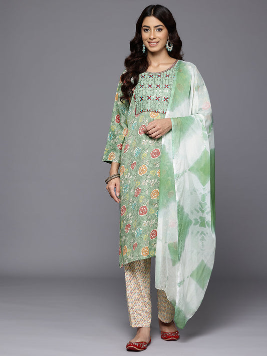 Dhiyona VR Women's Mint Green Round Neck Embroidered Yoke Printed Kurta Paired With Printed Bottom & Tie-Dye Dupatta