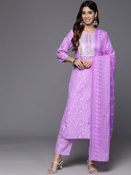 Dhiyona VR Women's Lavender Floral Printed Embroidered Kurta Paired With Bottom And Dupatta