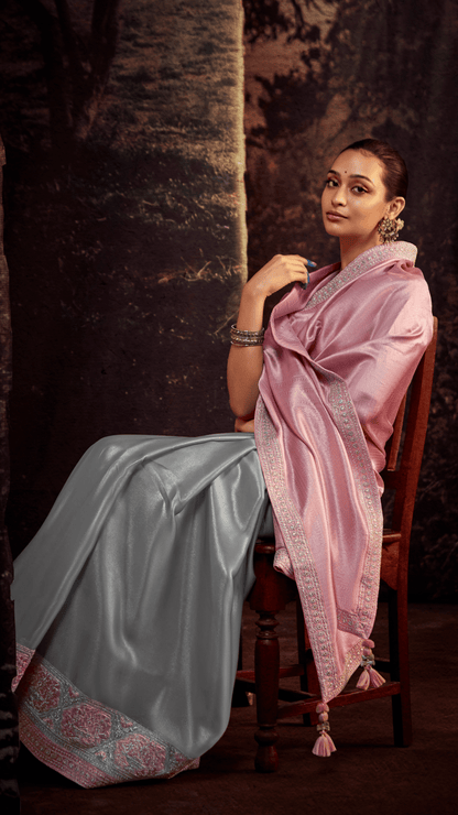 Dhiyona KM Women Twilight Elegance “ Pink & Gray Kanjivaram Silk Saree