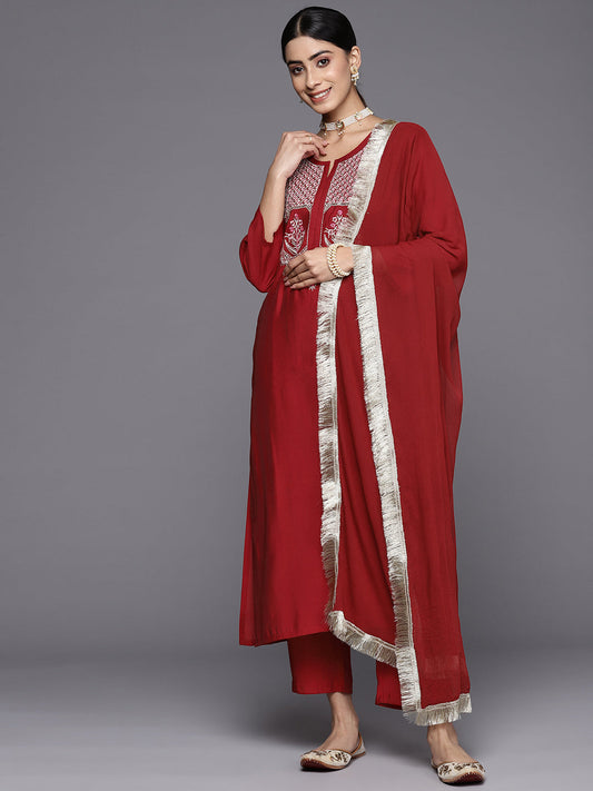 Dhiyona VR Women's Red Three Quarter Sleeve Straight Kurta Set With Dupatta