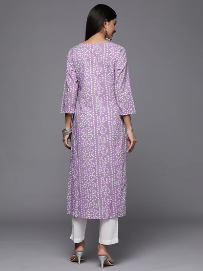 Dhiyona VR Women's Lavender Bandhani Print Embroidered Kurta Has Round Neck