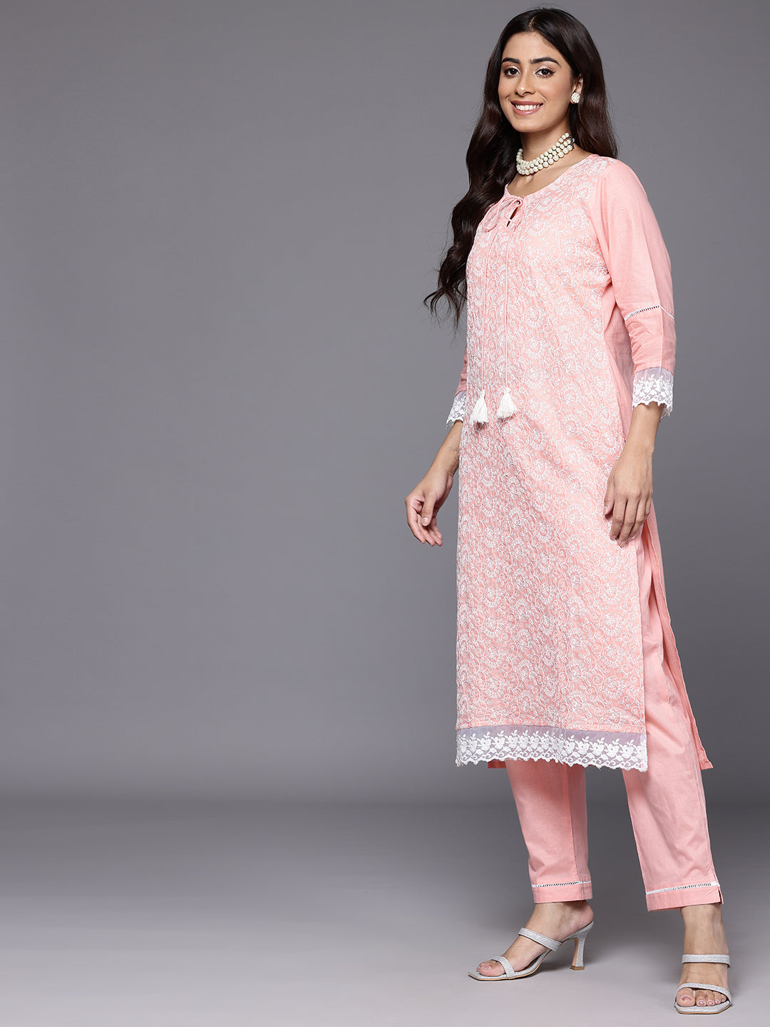 Dhiyona VR Women's Peach Round Neck Chikankari Straight Kurta With Bottom And Dupatta