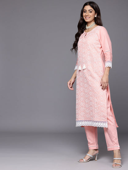 Dhiyona VR Women's Peach Round Neck Chikankari Straight Kurta With Bottom And Dupatta