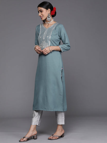Dhiyona VR Women's Blue & Silver Sequinned Yoke Design Kurta With Trousers & Dupatta
