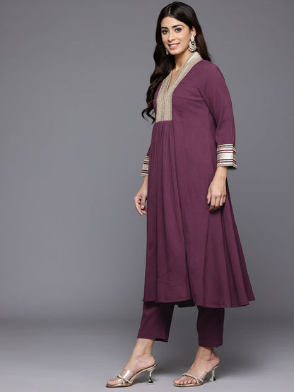 Dhiyona VR Women's Purple Zari Lace Embellished Yoke A-Line Kurta Set