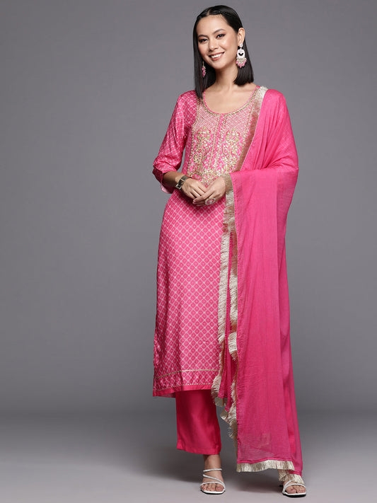 Dhiyona VR Women's Pink Bandhani Printed Straight Kurta Paired With Tonal Bottom And Dupatta