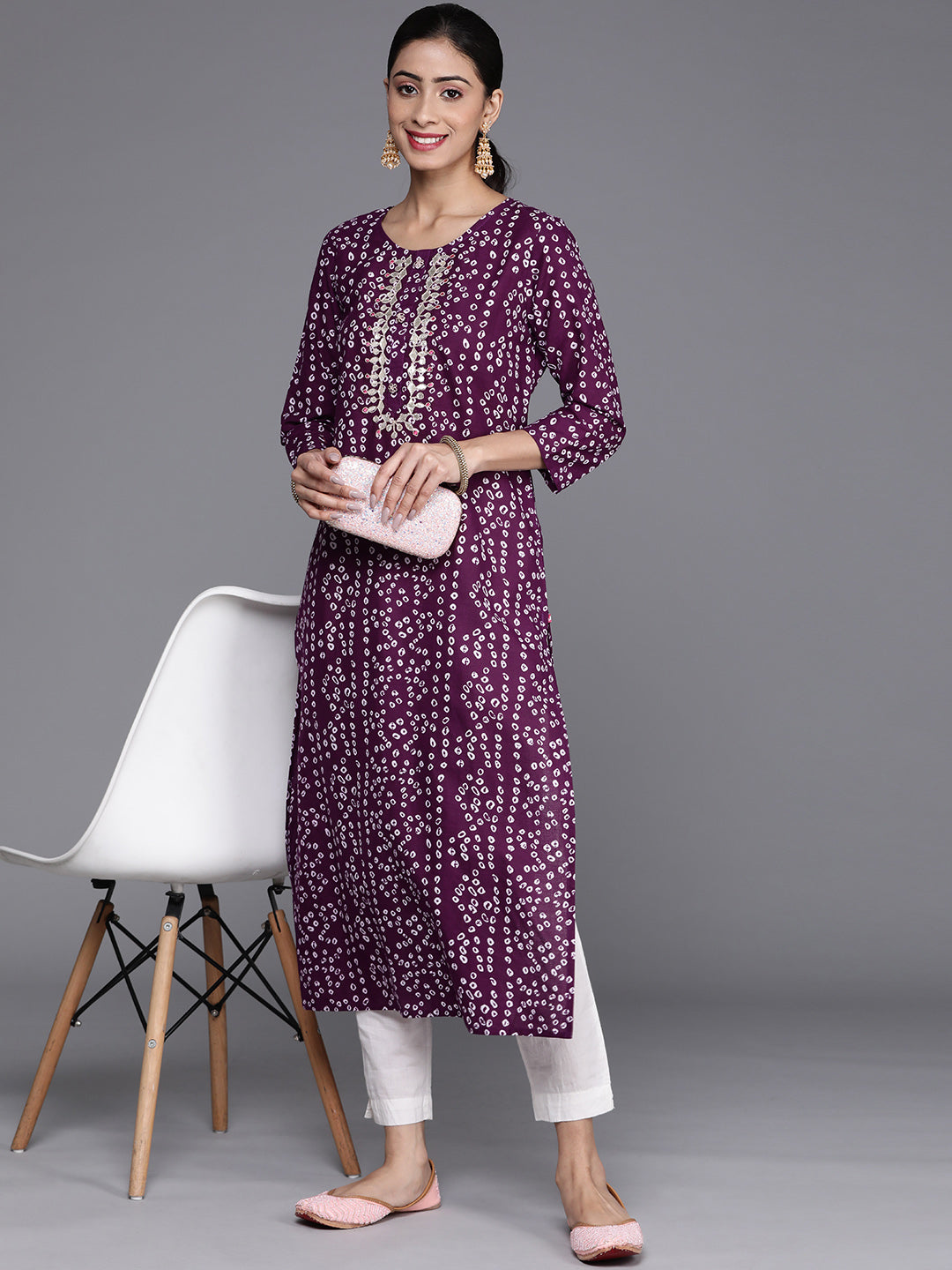 Dhiyona VR Women's Purple & White Bandhani Printed Pure Cotton Kurta