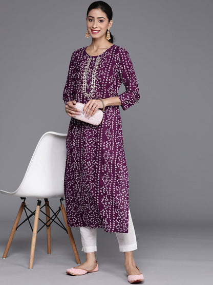 Dhiyona VR Women's Purple & White Bandhani Printed Pure Cotton Kurta