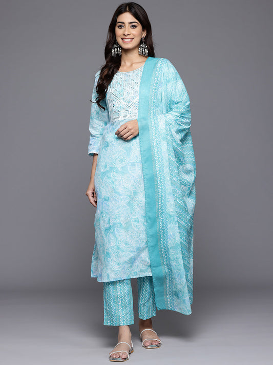 Dhiyona VR Women's Blue Printed Round Neck Yoke Embroidered Straight Kurta With Bottom And Dupatta