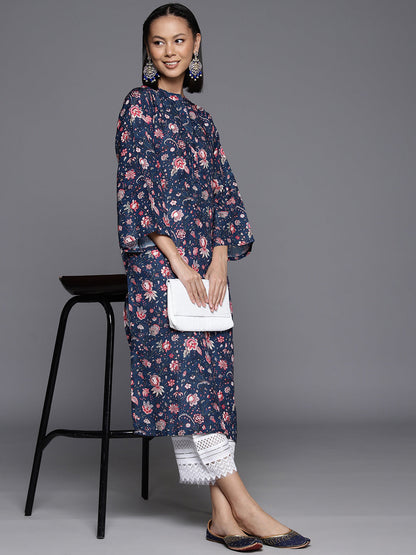Dhiyona VR Women's Blue Floral Printed Straight Kurta With Flared Sleeves