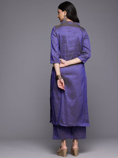 Dhiyona VR Women's Blue Jacquard V Neck Kurta With Bottom And Dupatta