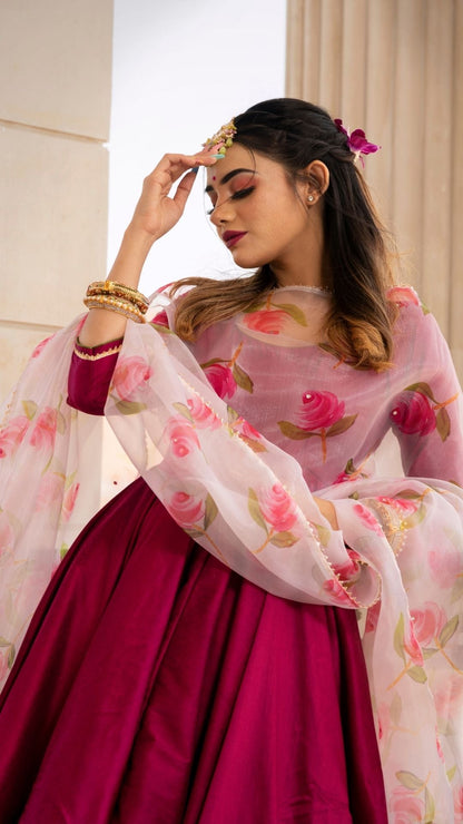 Magenta Lilly Cotton Silk Anarkali Set
