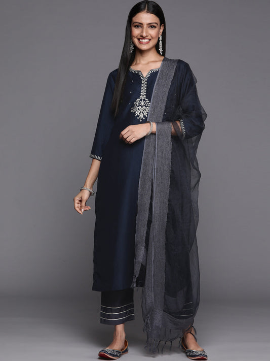Dhiyona VR Women's Blue Embroidered Kurta With Contrast Bottom And Dupatta