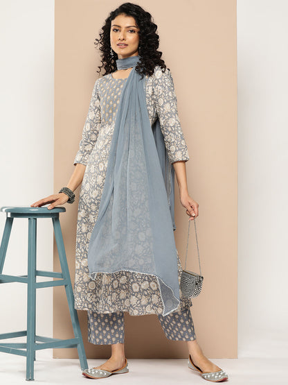 Dhiyona VR Women's Grey Floral Printed Anarkali Kurta Paired With Printed Bottom And Solid Chiffon Dupatta