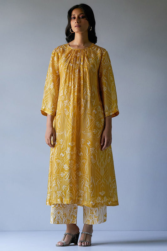 Women's Mustard Yellow and Beige Bemberg Silk Printed Co-ord Set